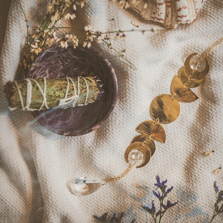 Boho-berry Sonnenfänger mit Prisma Kristall | Boho Mondphasen Girlande | Gold Deko Aesthetic | Deko
