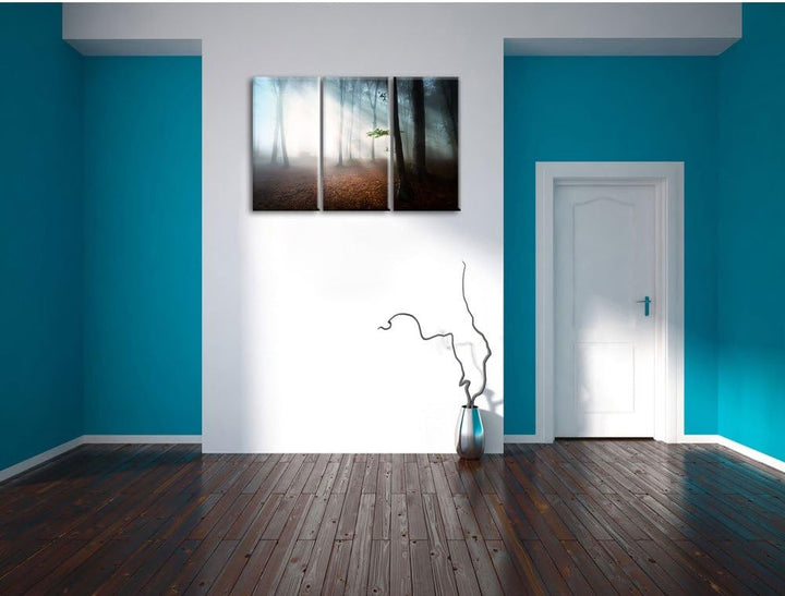 Pixxprint Düsterer Wald im Nebel als Leinwandbild/Grösse: 3 Teilig (120x80) cm/Wandbild/Kunstdruck/f
