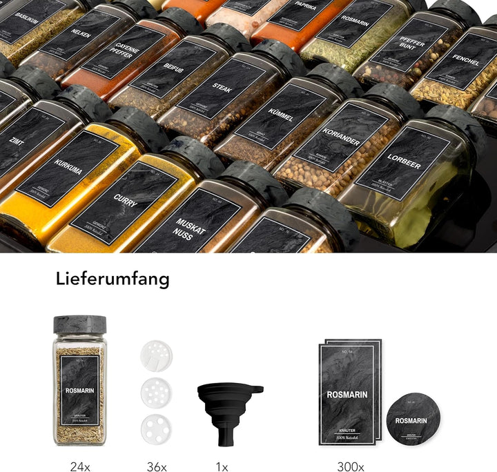 Greeano Gewürzgläser Set [24 x 120ml] mit 300 Gewürzetiketten [DE] - Gewürzgläser eckig mit Streuein