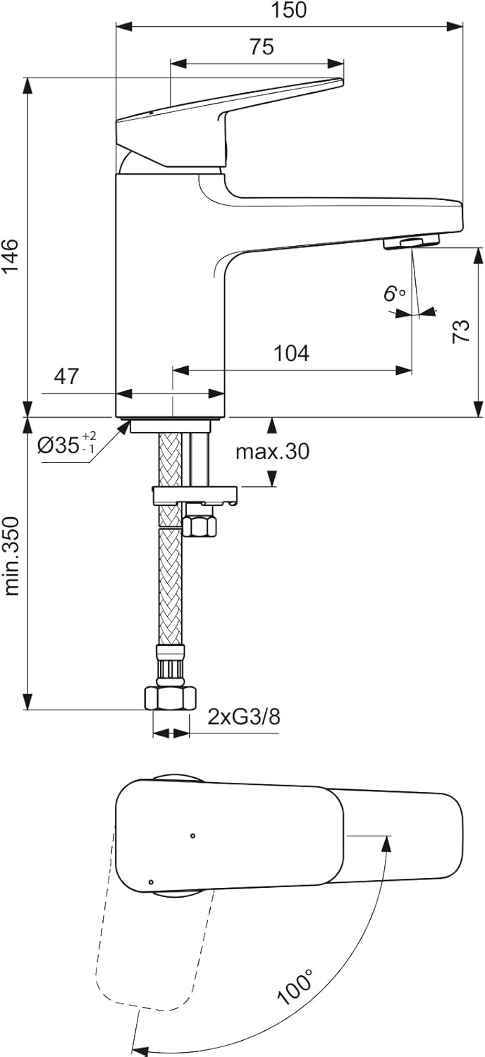 Ideal Standard BD211AA Ceraplan Waschtischarmatur ohne Ablaufgarnitur, Auslaufhöhe 73mm Auslaufhöhe