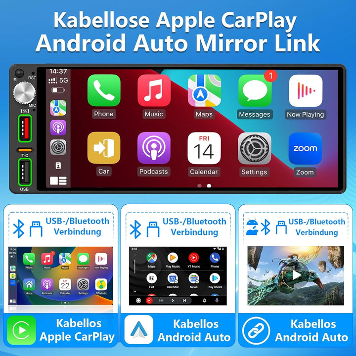 6,9 Zoll 1 Din Autoradio mit drahtlosem CarPlay &amp; Android Auto, Bluetooth, Full-Touch-Autoradio-Disp