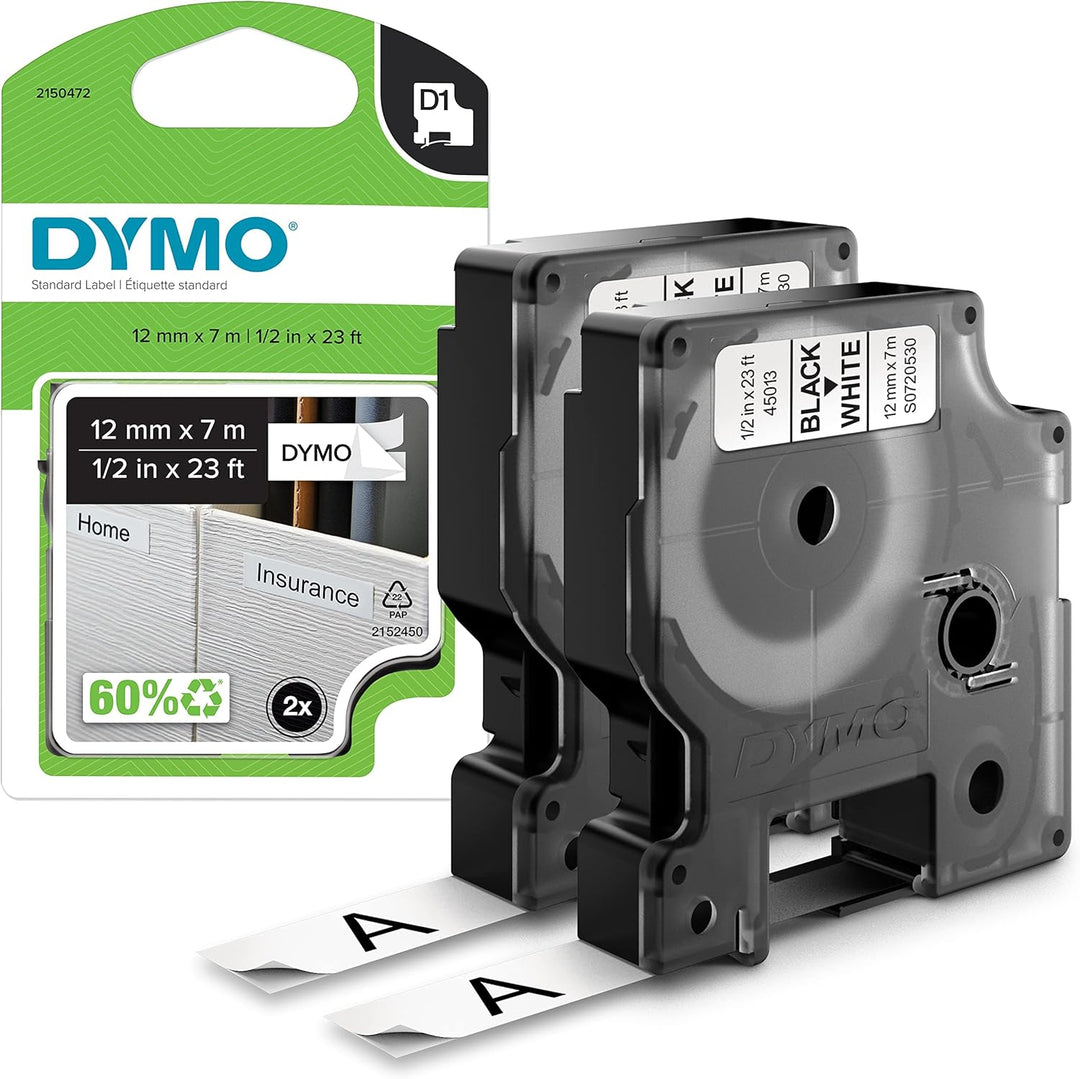 DYMO Original D1-Etikettenband | schwarz auf weiss | 12 mm x 7 m | selbstklebendes Schriftband| für