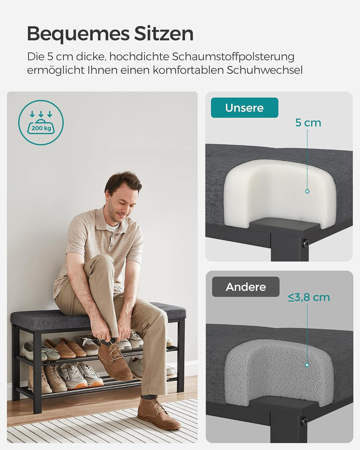 SONGMICS Schuhbank, Schuhregal mit 3 Ebenen, Schuhaufbewahrung, Sitz mit Schaumstoffpolsterung, Lein