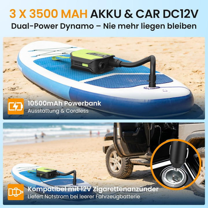 TowerTop Sup Pumpe Akku: 10500mAh Akku Pumpe für Auto/SUP, 50 PSI Stand Up Paddle Pumpe, 12V DC Zwei