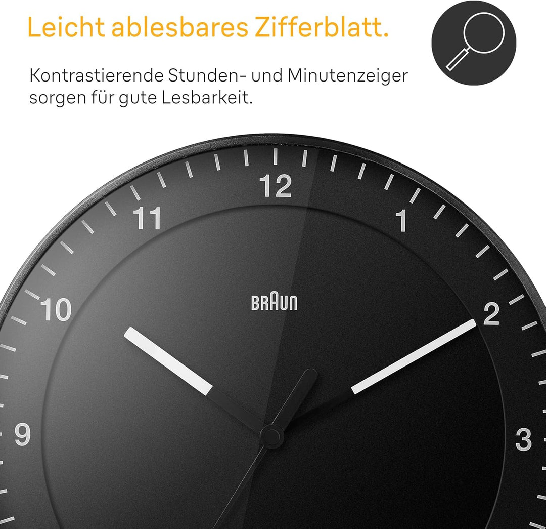 Braun klassisch grosse analoge Wanduhr mit leisem Uhrwerk, Einfach zu lesendes Zifferblatt, 30cm Dur