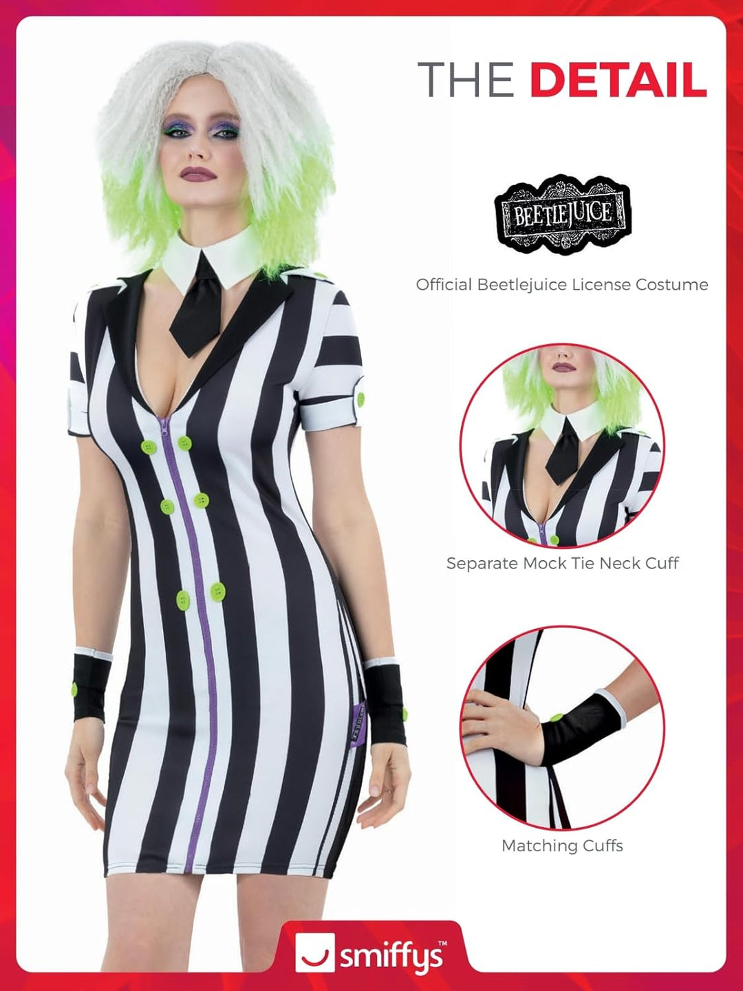 Smiffys Beetlejuice Erwachsenenkostüm mit Jacke, Hose und Krawatte schwarz-weiss gestreift mit aufsc