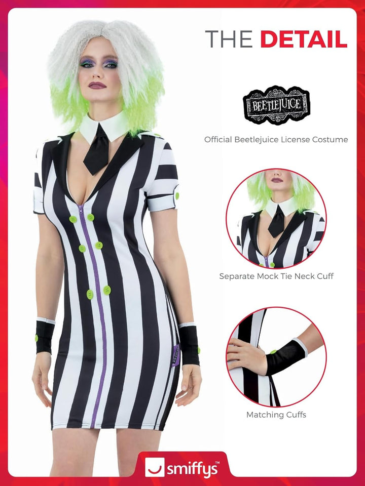 Smiffys Beetlejuice Erwachsenenkostüm mit Jacke, Hose und Krawatte schwarz-weiss gestreift mit aufsc