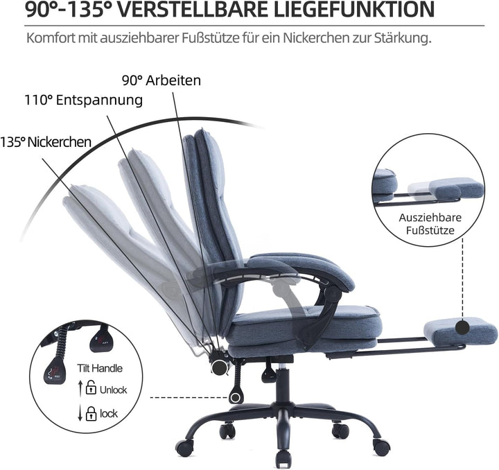 MZLEE Bürostuhl ergonomisch, Schreibtischstuhl mit Fussstütze, 90-135° neigbar Drehstuhl, Höhenverst