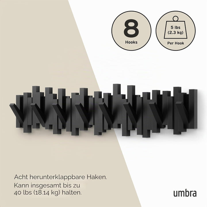 Umbra Stäbchen Garderobenhaken mit 8 Haken – Moderne und platzsparende Garderobenleiste mit acht Bew