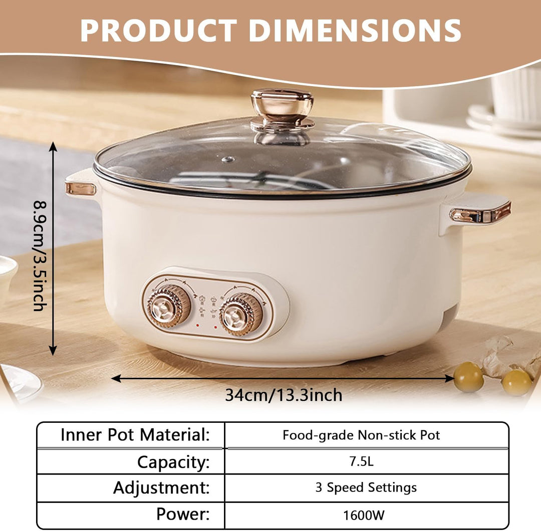Hot Pot Elektrisch, 7.5L Doppelter Topf mit Zwei Reglern, 1600W Elektrischer Kochtopf mit Trennwand