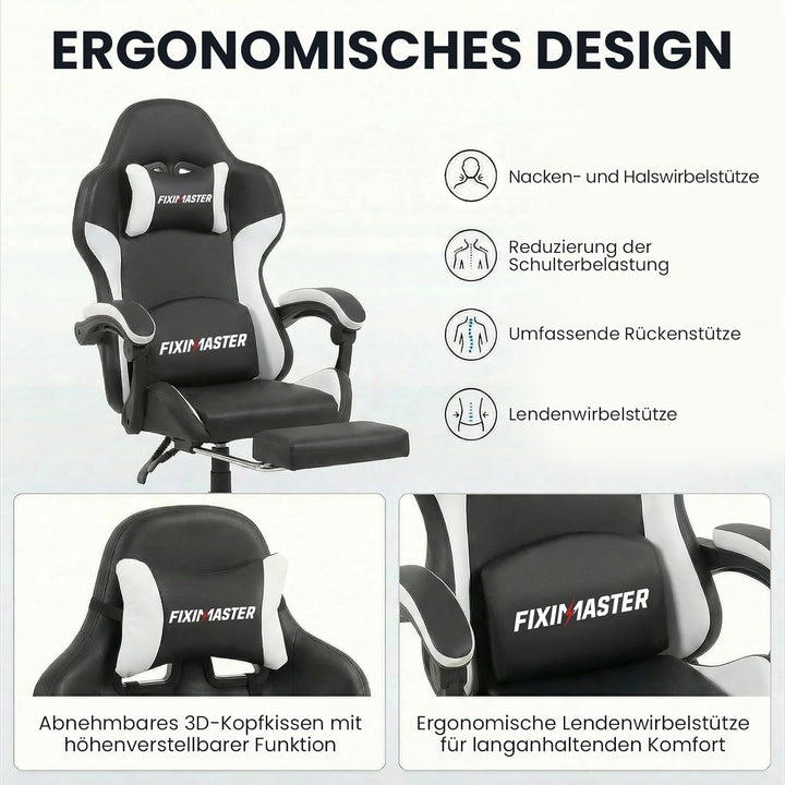 Bürostuhl Ergonomisch mit Fussstütze, Schreibtischstuhl, Racing-Design, Lenden- und Kopfstütze, PU-K