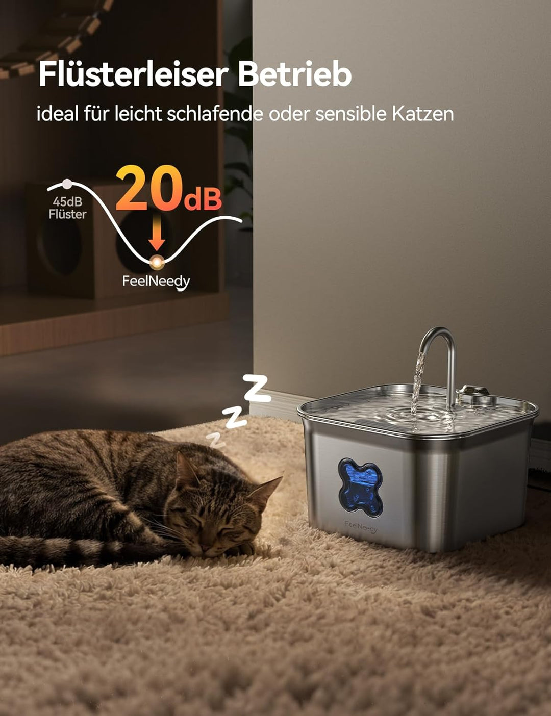 FEELNEEDY Katzenbrunnen Edelstahl, 2,8L Trinkbrunnen für Katze mit Kabel, Einfach zu Reinigen, katze