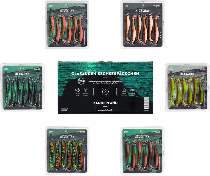 Zanderfang - Gummifische Set - Glasaugen Gummiköder für Zander, Barsch, Hecht - mit Fischaroma aroma