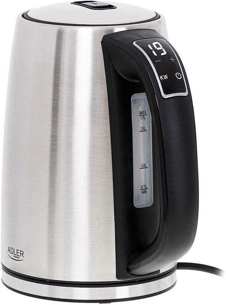 ADLER AD 1340 1,7L Stahlkessel mit LCD, Wasserkocher mit Temperaturkontrolle, silber