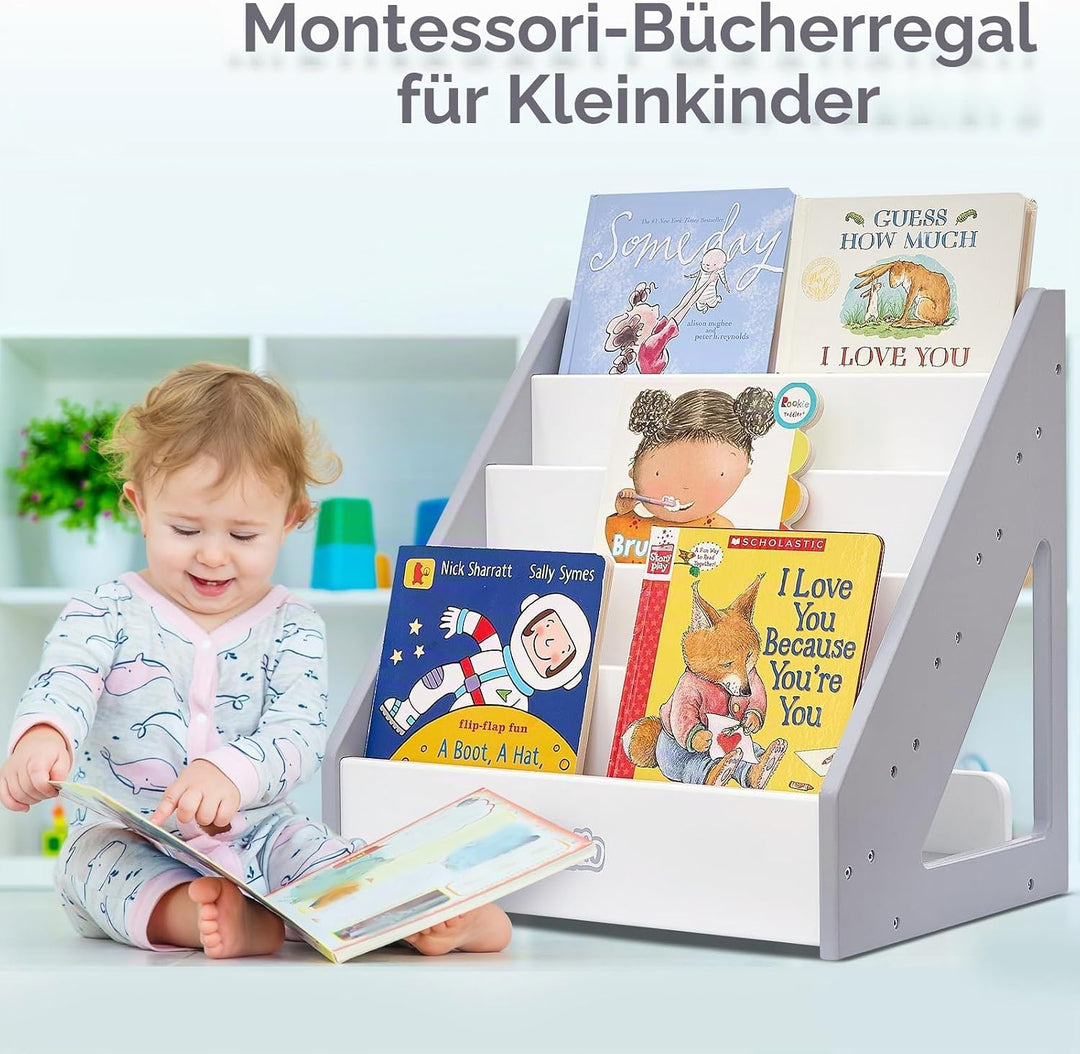 FUNLIO Montessori Bücherregal für Kleinkinder 1-5 Jahre, frontales Kinderbuchregal mit Griff und Kip