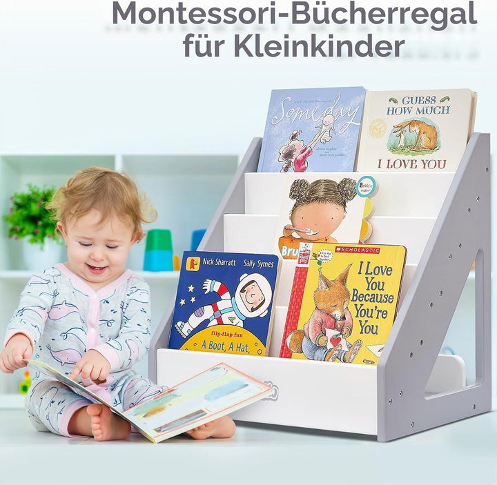 FUNLIO Montessori Bücherregal für Kleinkinder 1-5 Jahre, frontales Kinderbuchregal mit Griff und Kip