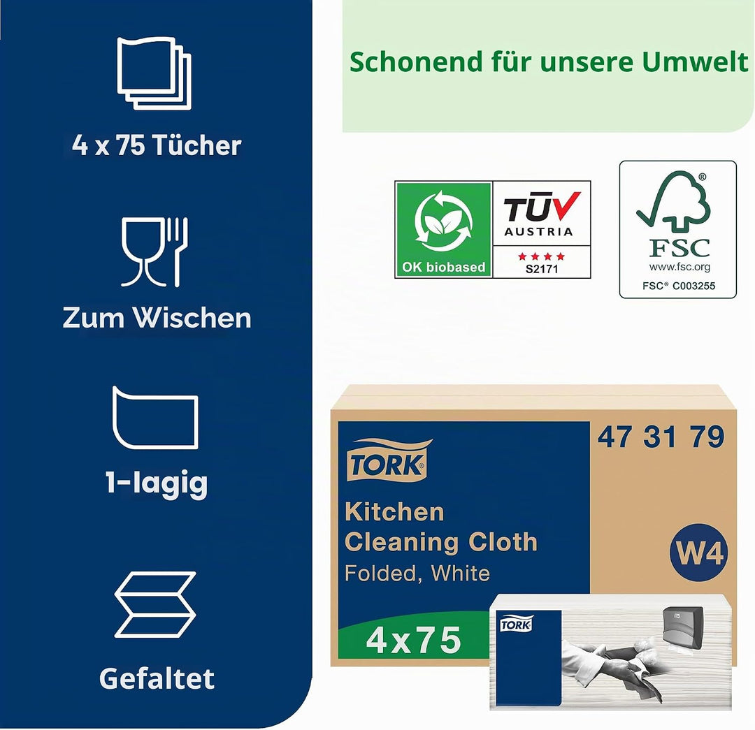 Tork Küchen Reinigungstücher Weiss W4, extrem saugfähig, 4 × 75 Tücher, 473179