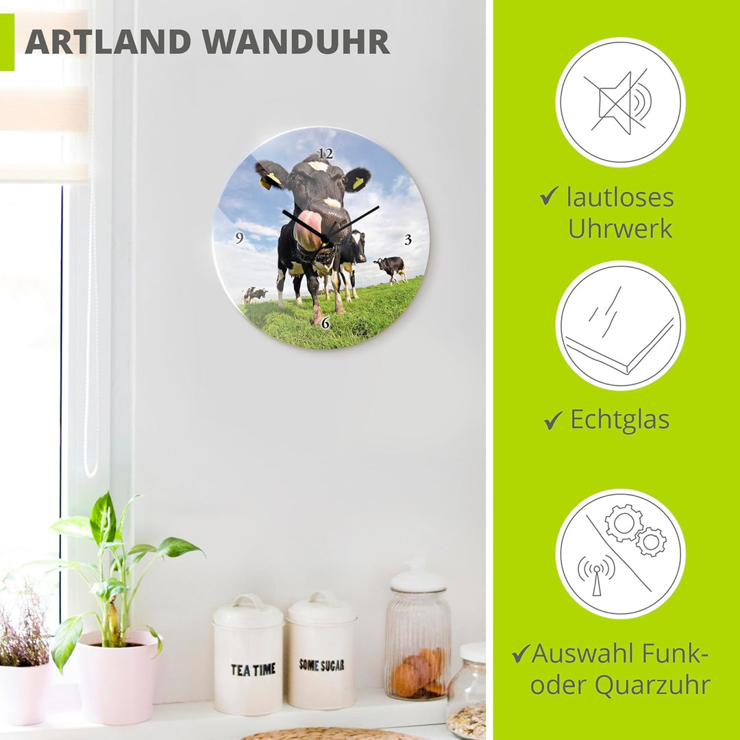 ARTLAND Wanduhr ohne Tickgeräusche Glas Quarzuhr Ø 30 cm Rund Lautlos Tiere Kuh Lustig Ländlich Hips