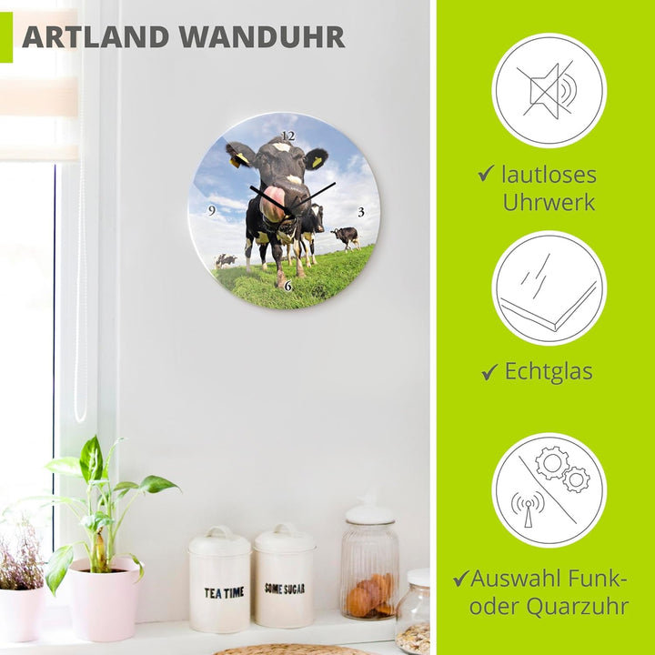 ARTLAND Wanduhr ohne Tickgeräusche Glas Quarzuhr Ø 30 cm Rund Lautlos Tiere Kuh Lustig Ländlich Hips
