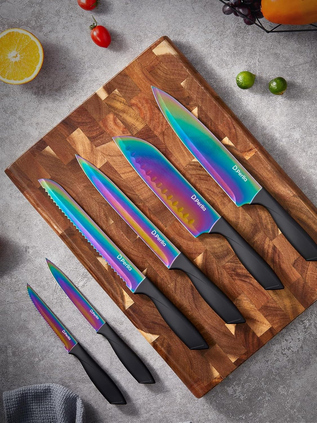 D.Perlla Messerblock, 16-TLG Messer set, Regenbogenfarbe Titanbeschichtung Messer mit Acryl Messerha