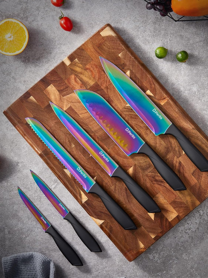 D.Perlla Messerblock, 16-TLG Messer set, Regenbogenfarbe Titanbeschichtung Messer mit Acryl Messerha