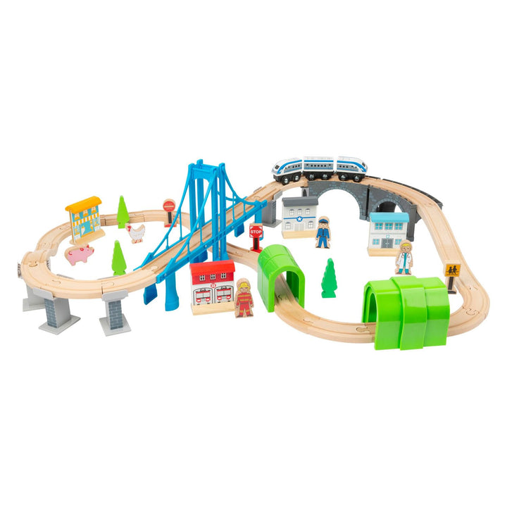 small foot Eisenbahn "Brückenschlag" aus Holz mit Hängebrücke und Tunneln, Spielwelt auf zwei Ebenen