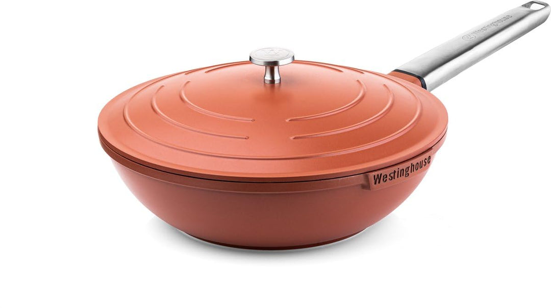Westinghouse PERFORMANCE SERIES Wok Pfanne mit Deckel, Beschichtete Pfanne 28 cm mit Edelstahl-Griff