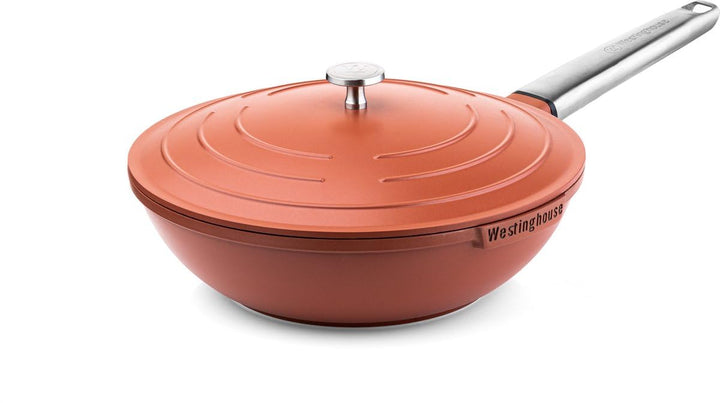 Westinghouse PERFORMANCE SERIES Wok Pfanne mit Deckel, Beschichtete Pfanne 28 cm mit Edelstahl-Griff