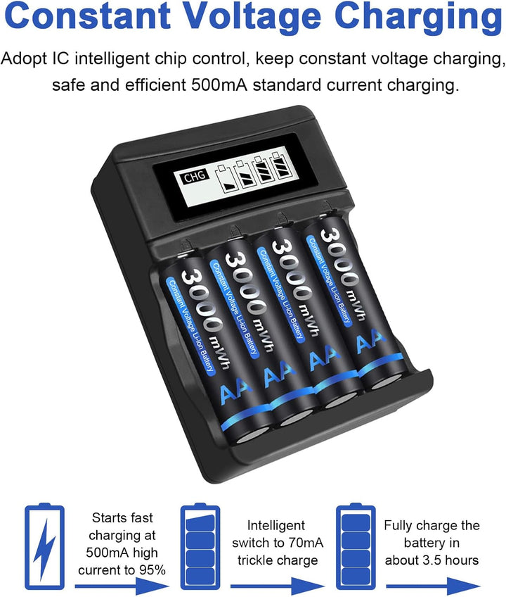 CITYORK Akku AA AAA Wiederaufladbare Li-ion Batterien mit 4 Stücke 1.5V 3000mWh AA Lithium Akku und