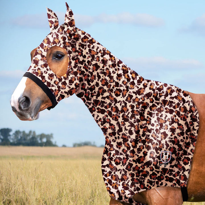 Harrison Howard Horse Stretchy Head Hood with Zipper Full Face Neck Cover-Classic Leopard Kolben (mi