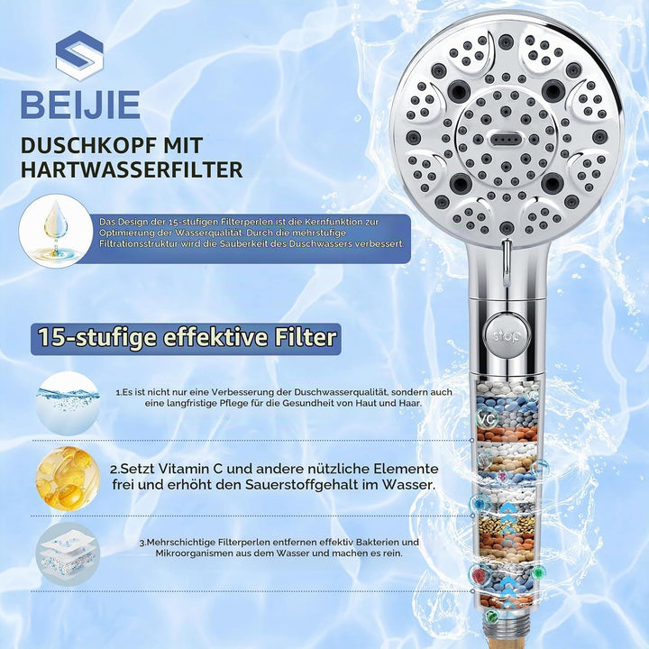 Duschkopf mit Schlauch 2M, Duschkopf mit Filter 15 Schichten, Hochdruck Duschbrause Wassersparend mi