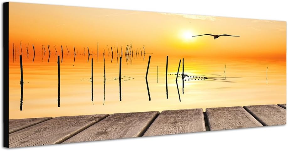 Paul Sinus Art Panoramabild auf Leinwand und Keilrahmen 150x50cm Meer Holzsteg Möwe Sonnenuntergang
