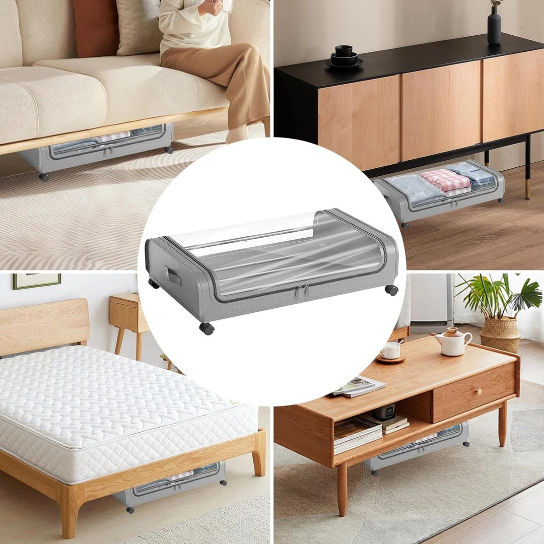 2 Stück Unterbett Aufbewahrungsbox, Unterbettkommode mit Sichtfenster, Bettkasten Organizer, Metall-