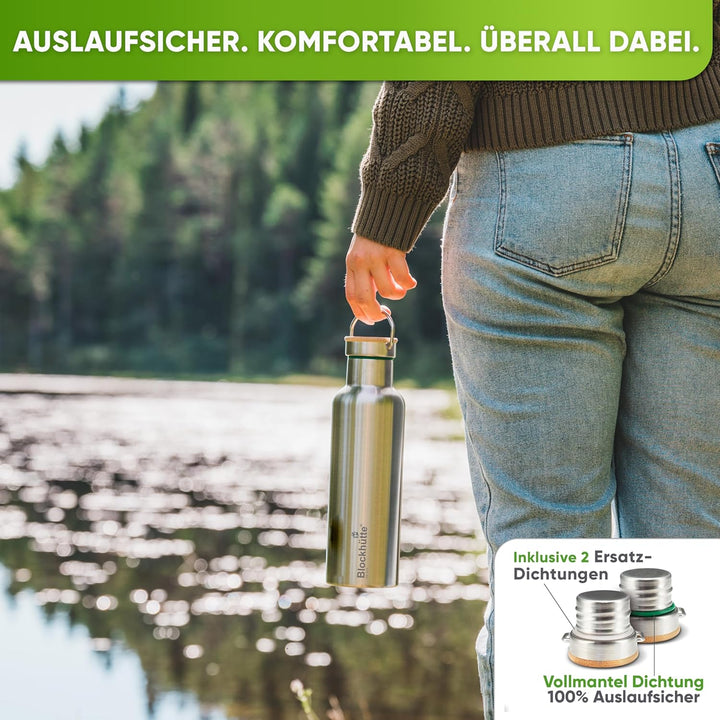 Blockhütte Premium Edelstahl Trinkflasche isoliert I 750ml I mit Naturborsten Bürste I Isolierflasch