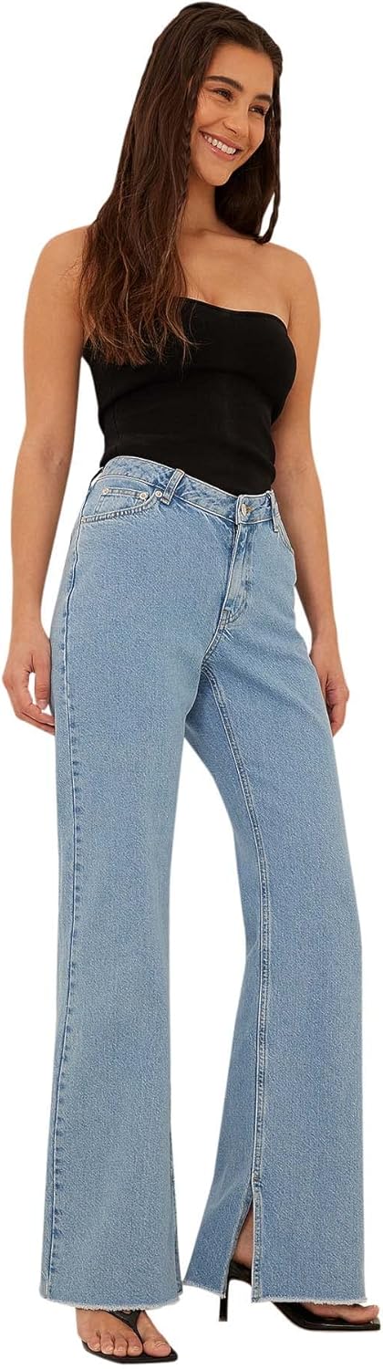 NA-KD Damen Raw Hem Side Slit Denim Jeans 44 Mid Blue, 44 Mid Blue