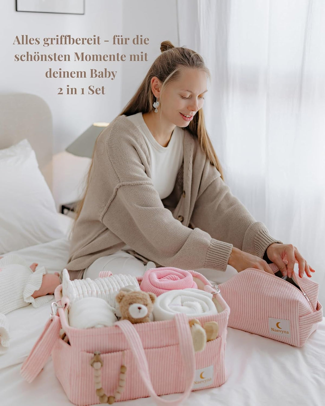 Wickelkorb Organizer aus Cord 2-in-1 mit Schultergurt und Windeltasche - Windel Caddy für den Wickel