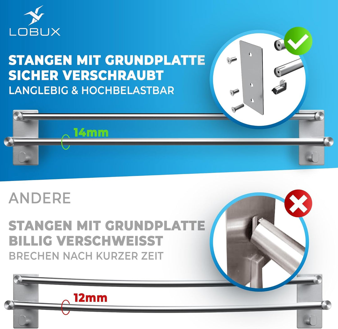 LOBUX® - Handtuchhalter ohne Bohren – 60cm, Edelstahl rostfrei – Handtuchhalter Bad doppelt, selbstk