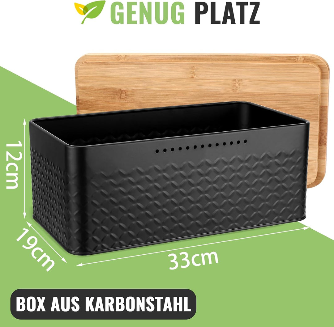 Royouzi Brotkasten mit Schneidebrett, 33x21x15cm, Dank Carbonbeschichtung Matte Brotbox mit Holzdeck