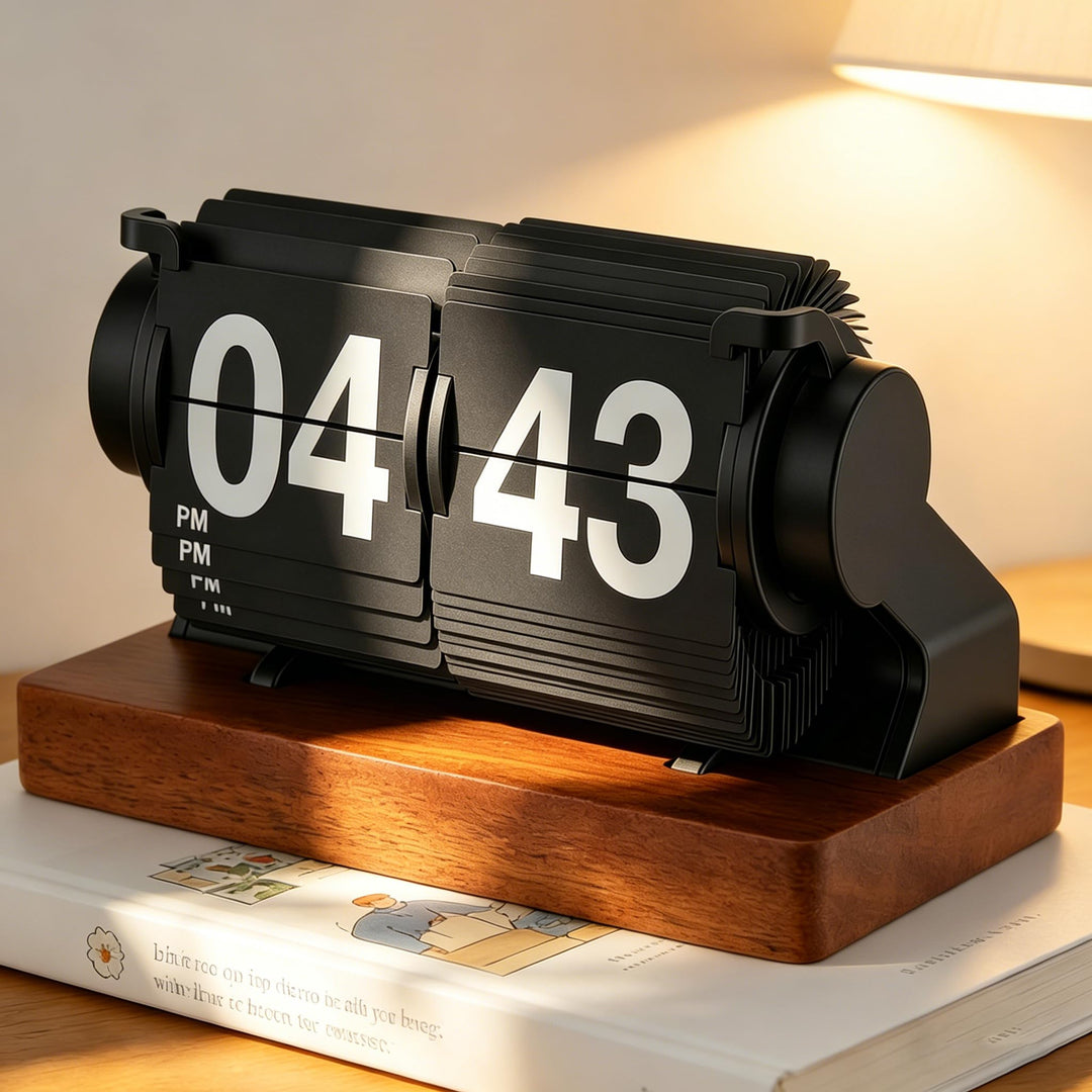 Retro-Flip-Uhr, Vintage Digitale Klappuhr, Retro Uhr mit Holzsockel, automatisches Drehen, batterieb