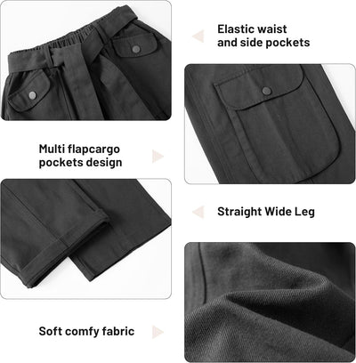 Rolanko Mädchen Baggy Cargo Hose, Elastisch Hohe Taille Gerade Weites Bein Streetwear Jeans mit Mehr