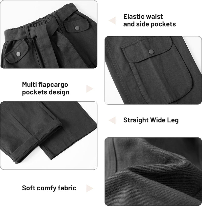 Rolanko Mädchen Baggy Cargo Hose, Elastisch Hohe Taille Gerade Weites Bein Streetwear Jeans mit Mehr