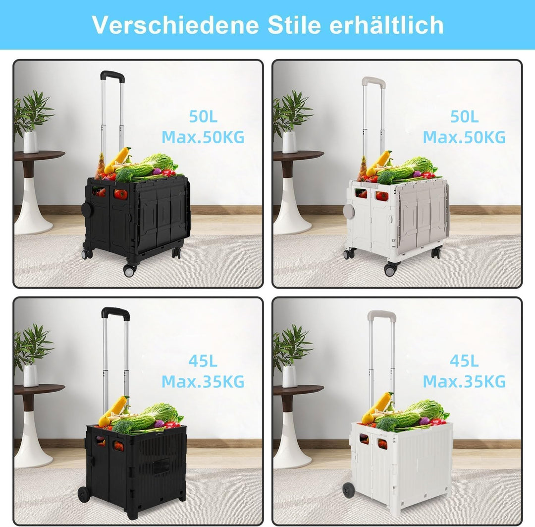 Einkaufstrolley Klappbar, mit neigbarer Teleskopgriff &amp; Deckel, 2 x Rollen, bis 35 kg, 45 Liter Kist