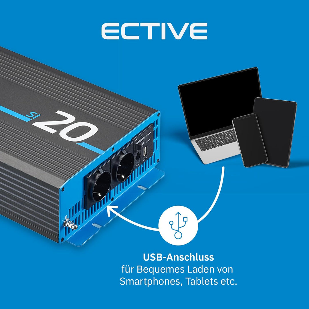 ECTIVE Reiner Sinsus Wechselrichter SI20-2000W, 12V auf 230V, USB, Überlastschutz, Überhitzungsschut