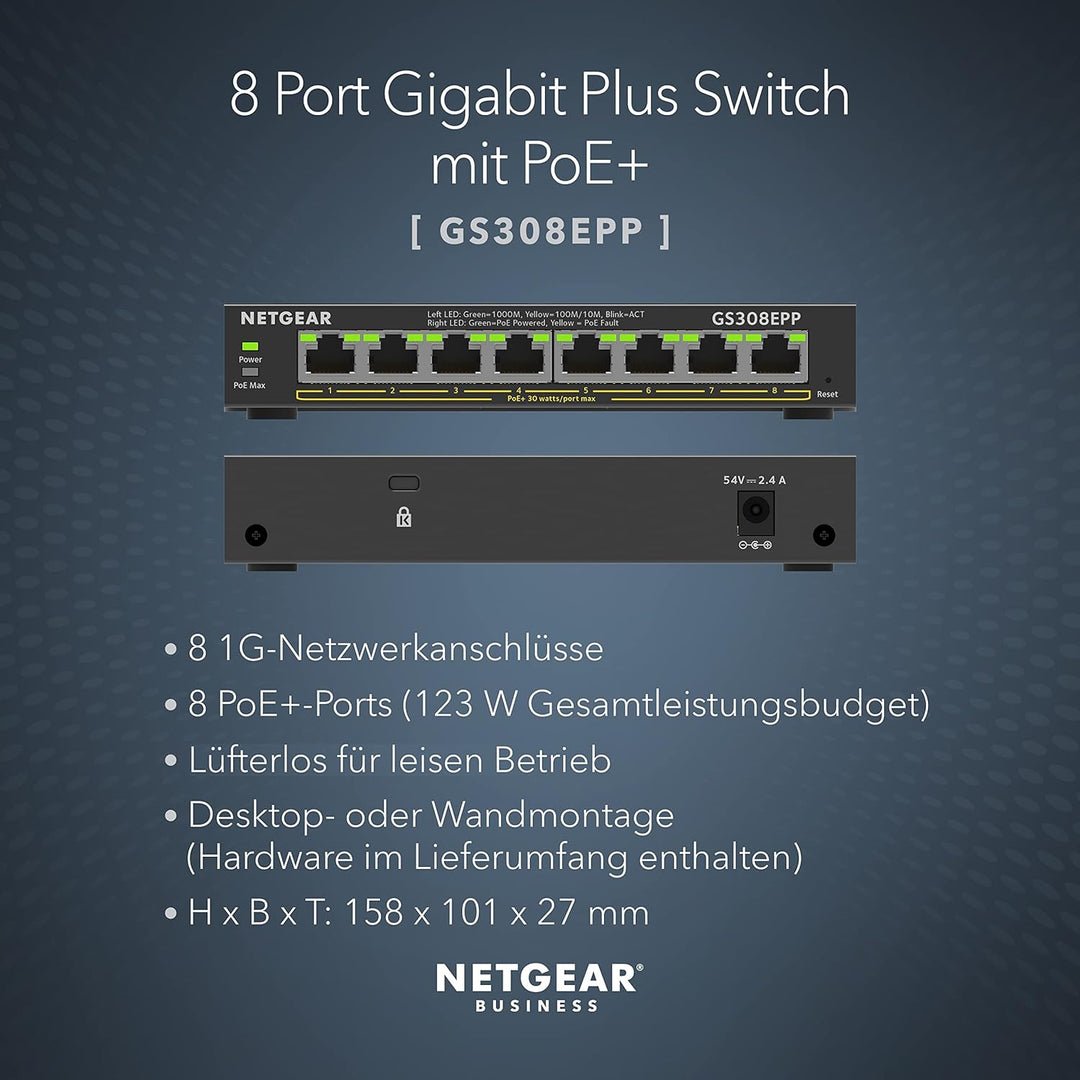 NETGEAR GS308EPP PoE Switch 8 Port Gigabit Ethernet LAN Switch PoE+ 123W Plus (Managed Netzwerk Swit