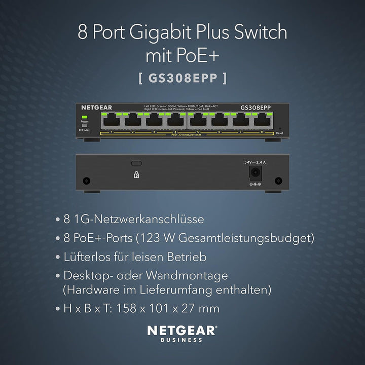 NETGEAR GS308EPP PoE Switch 8 Port Gigabit Ethernet LAN Switch PoE+ 123W Plus (Managed Netzwerk Swit