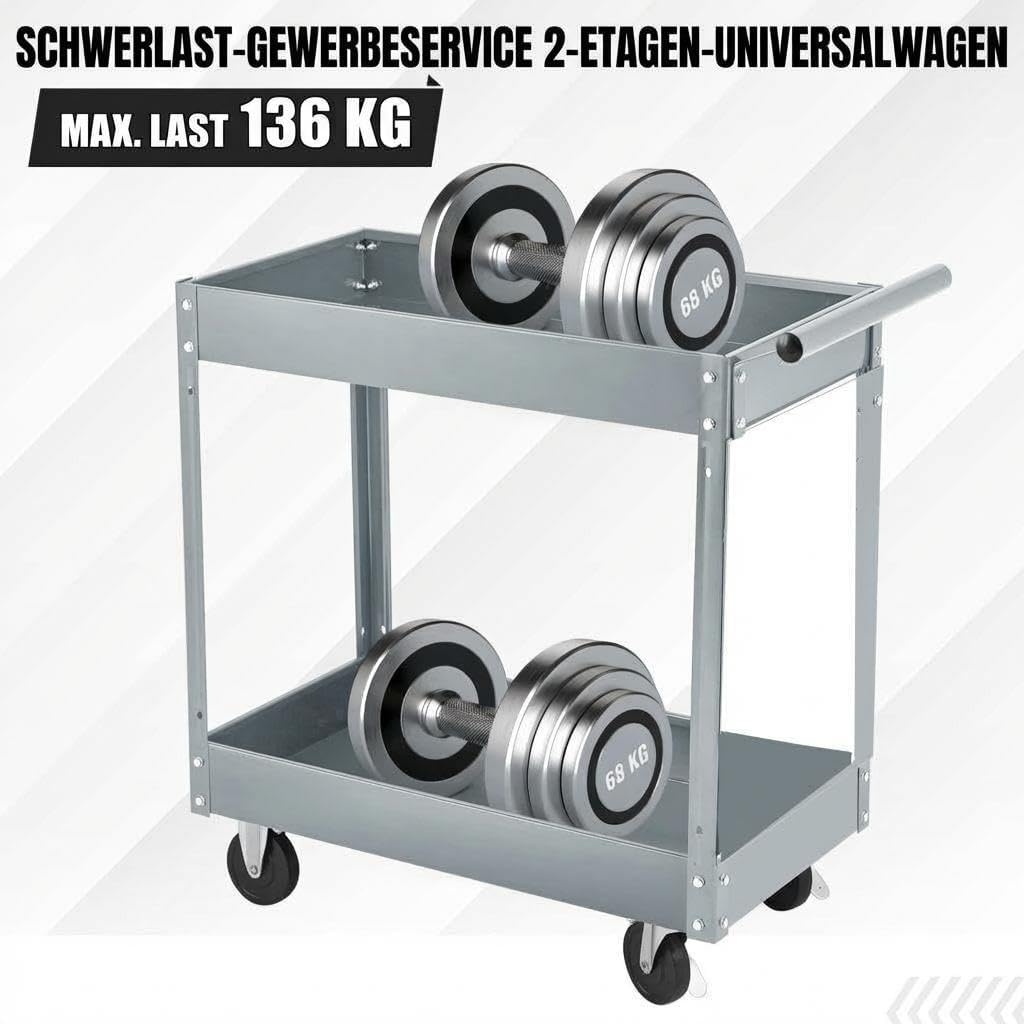 Werkzeugwagen Rollbar 2 Ebenen, Bis 150 kg Belastbar, Metall Werkstattwagen Mit Rollen, Schwerlast S