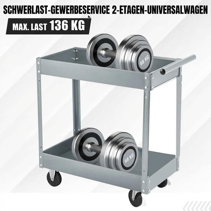 Werkzeugwagen Rollbar 2 Ebenen, Bis 150 kg Belastbar, Metall Werkstattwagen Mit Rollen, Schwerlast S