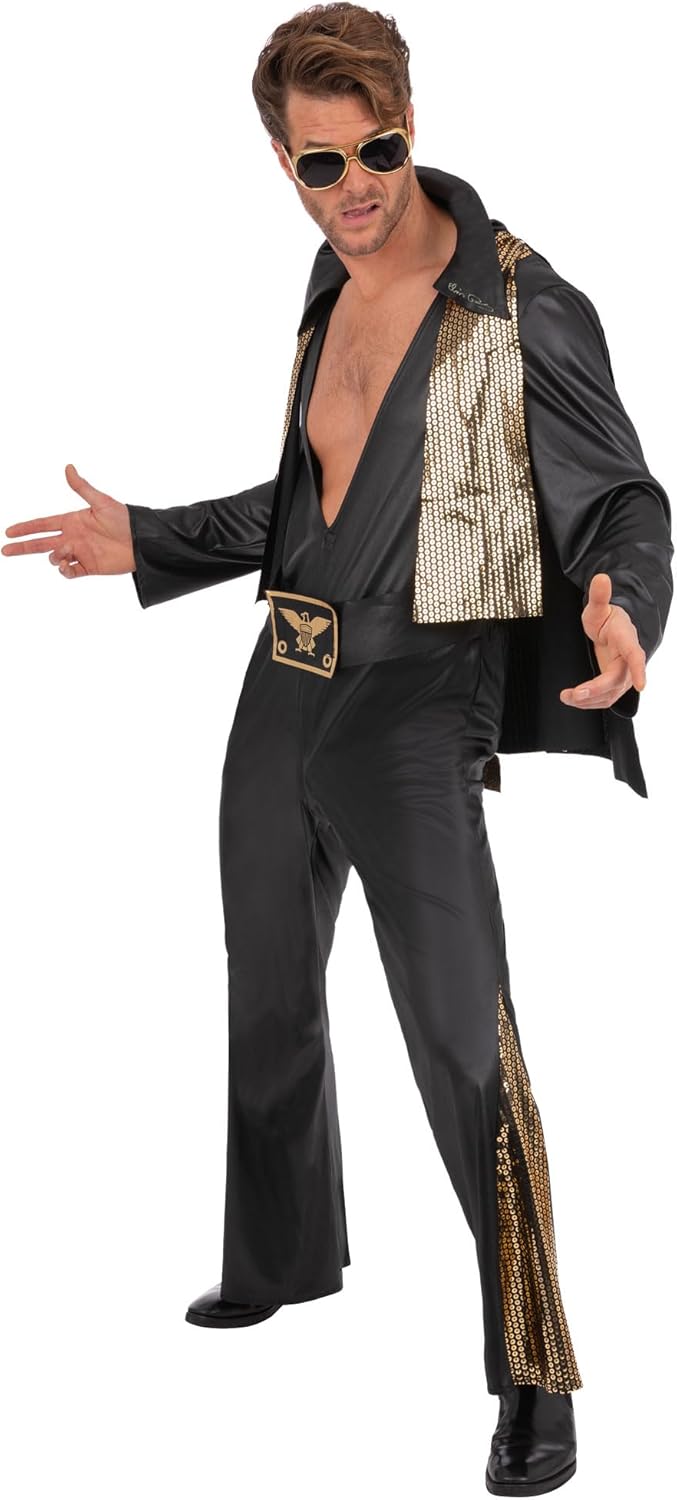 Smiffys Elvis Schwarzer Overall Kostüm für Erwachsene Offiziell lizenziertes All-in-One-Outfit mit U