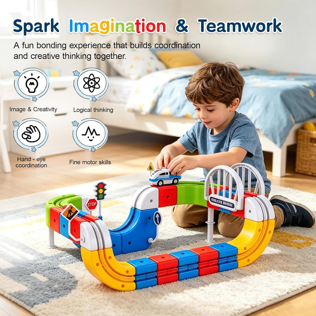 Clickrail Elektrisches Zug Set, Flexibles Rennbahn Set mit Magnetischen Bausteinen, Schwerkraft-defy