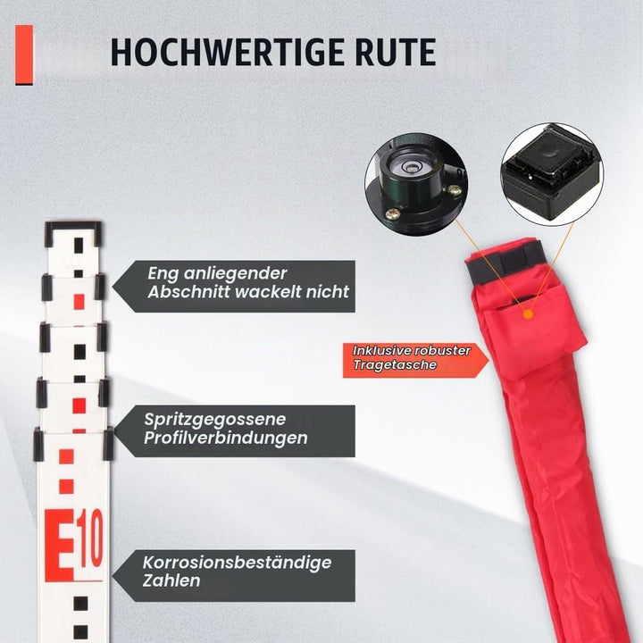 5m Professionelle Aluminium Nivellierlatte - Einseitiger metrischer Massstab mit Höhenmessung, Heavy